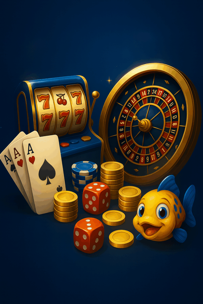 saimu168 ภาพแนวตั้ง 9x16 รวมสล็อต 777 รูเล็ต ไพ่บาคาร่า ชิป ลูกเต๋า และเกมยิงปลา โทนสีน้ำเงิน–ทอง เว็บสล็อตเว็บตรง รองรับมือถือ