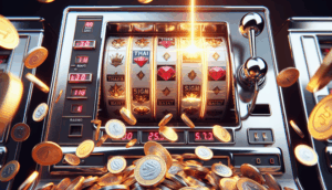 Photorealistic cover image featuring a chrome slot machine, spinning reels, and glowing baht coins.