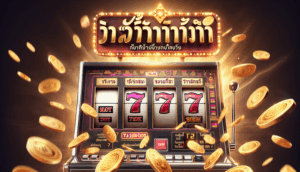 Photorealistic slot machine promo featuring winning 777s, coins flying, and bold Thai text "สล็อตแตกง่าย".