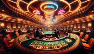 alt_text: "Luxurious casino interior with neon accents, roulette, and players under warm lighting - 'saimu168 คาสิโน'."