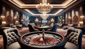 Luxurious casino interior with roulette wheel, chips, and 'saimu168' logo in an elegant night setting.