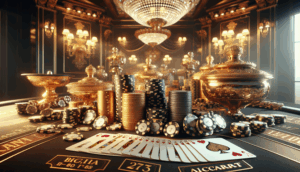 alt_text: Luxurious baccarat cover for "saimu168 บาคาร่า" featuring chips, cards, and elegant lighting.