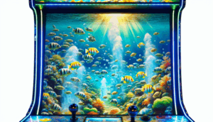 Ultra-realistic cover of "saimu168 ยิงปลา," featuring vibrant underwater arcade action and dynamic fish.