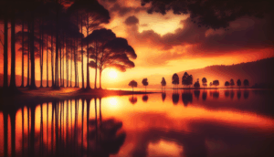 alt_text: A serene sunset over a tranquil lake, silhouettes of trees reflecting on water, mood: peaceful, warm hues.