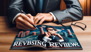 A professional reviewer analyzes a gambling site on a magazine cover, showcasing focus and detail.