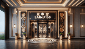 alt_text: Elegant entrance labeled 'ทางเข้า saimu168', featuring a sleek design and casino motifs.