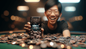 Young Thai adult smiles, showcasing "saimu168" on smartphone, surrounded by chips and coins.