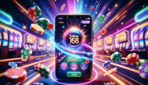 alt_text: Sleek smartphone with app UI, 'saimu168' logo, and Thai tagline in a vibrant casino setting.