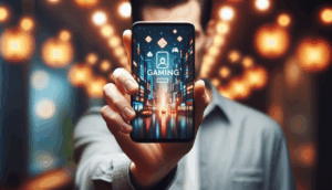 A modern adult holds a smartphone displaying the "saimu168" app in a stylish, bokeh-filled setting.