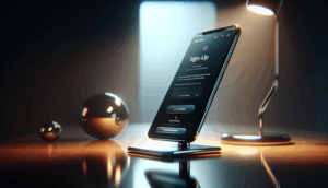 alt_text: Modern smartphone displaying a sleek sign-up page for "saimu168" on an upscale desk.