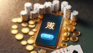 Photorealistic cover of a smartphone displaying 'เครดิตฟรี' with gold coins and poker chips around it.