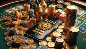alt_text: Luxurious casino scene with a smartphone showcasing a golden Thai bonus badge amid gold coins and chips.