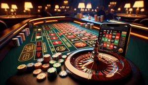 alt_text: Luxurious casino roulette cover with polished chips, smartphone interface, and warm cinematic lighting.