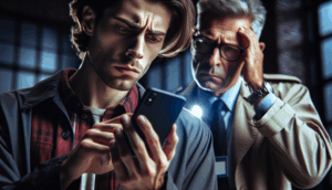 alt_text: Investigative cover for "saimu168 ปลอดภัยไหม," featuring a concerned adult examining a smartphone.