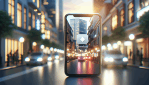alt_text: A sleek smartphone displays a download interface in a blurred urban setting with warm accents.