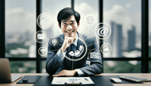 Corporate cover featuring a smiling Thai agent at a desk, promoting "saimu168 ติดต่อ" with contact icons.