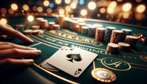 Photorealistic blackjack table with Ace-Jack, gold chips, dealer's hand, and stylish logo in bokeh lights.