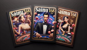 alt_text: Three photorealistic covers for "saimu168 ไฮโล," showcasing dice, chips, and elegant casino themes.