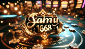 alt_text: Luxurious cover image featuring "saimu168 อันดับ 1" in gold, with casino-themed bokeh background.