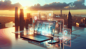 Photorealistic cover for 'saimu168 API': laptop, holographic panels, futuristic vibe, city view backdrop.