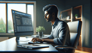 alt_text: Focused marketer at sleek desk, viewing "saimu168 Affiliate" dashboard in modern home office.