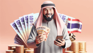 Promoting saimu168 cashback: a cheerful person with a phone, Thai currency, and a festive atmosphere.