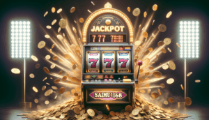alt_text: Stunning jackpot image: slot machine, triple 7s, coins flying, "saimu168 แจ็คพอต" in neon gold.