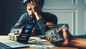 alt_text: A worried individual holds a smartphone, showing a banking error, with scattered cash nearby.