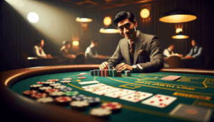 alt_text: Thai gambling expert showcases winning strategies at a poker table with chips and coins.