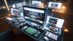 alt_text: Modern workspace at night showcasing 'saimu168' gambling site on devices with casino props.