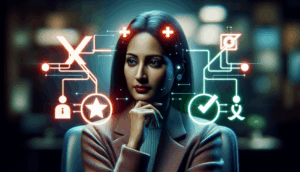 AI-generated image of a professional Thai reviewer analyzing pros and cons with balanced visual metaphors.