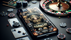 Photorealistic mobile cover showcasing "saimu168 ใหม่ล่าสุด" with premium UI and casino-themed elements.