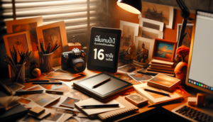 alt_text: Realistic artist workspace with tablet, prints, and Thai title "saimu168 คอมมิชชั่น," warm lighting.