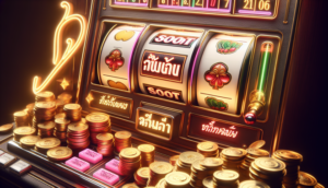 Realistic cover image featuring a slot machine, gold coins, and neon Thai text “ฟรีสปิน” in bold.