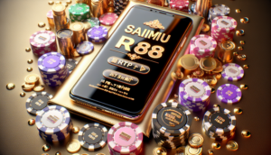 alt_text: Photorealistic casino-themed cover featuring 'saimu168 RTP สูง' with glossy chips, smartphone, and gold coins.