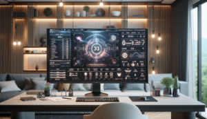 alt_text: A modern home office with a widescreen monitor displaying a sleek gaming UI in Thai.