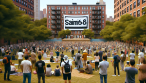 Diverse participants enjoying a vibrant community event in an urban park with a 'saimu168' banner.