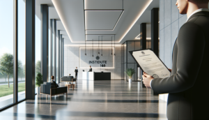 alt_text: ภาพลอจี้สถาบัน saimu168 มีล็อบบี้ทันสมัย, มืออาชีพถือใบรับรอง, แสงธรรมชาติ