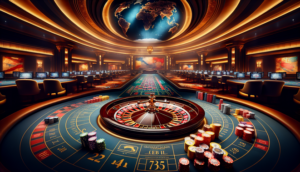 alt_text: Luxurious casino interior at night, featuring roulette wheel, stacked chips, and a world map backdrop.