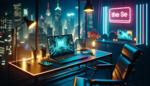 Modern workspace with laptop and smartphone, featuring Thai text, neon accents, and cinematic lighting.
