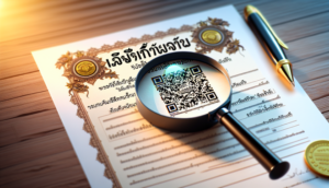 "Photorealistic image of a certificate with a magnifying glass, QR code, and 'ตรวจสอบใบเซอร์ saimu168 ของแท้'."