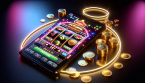 alt_text: Luxurious online slot cover image with a smartphone, gold coins, and neon lights for Pragmatic Play.